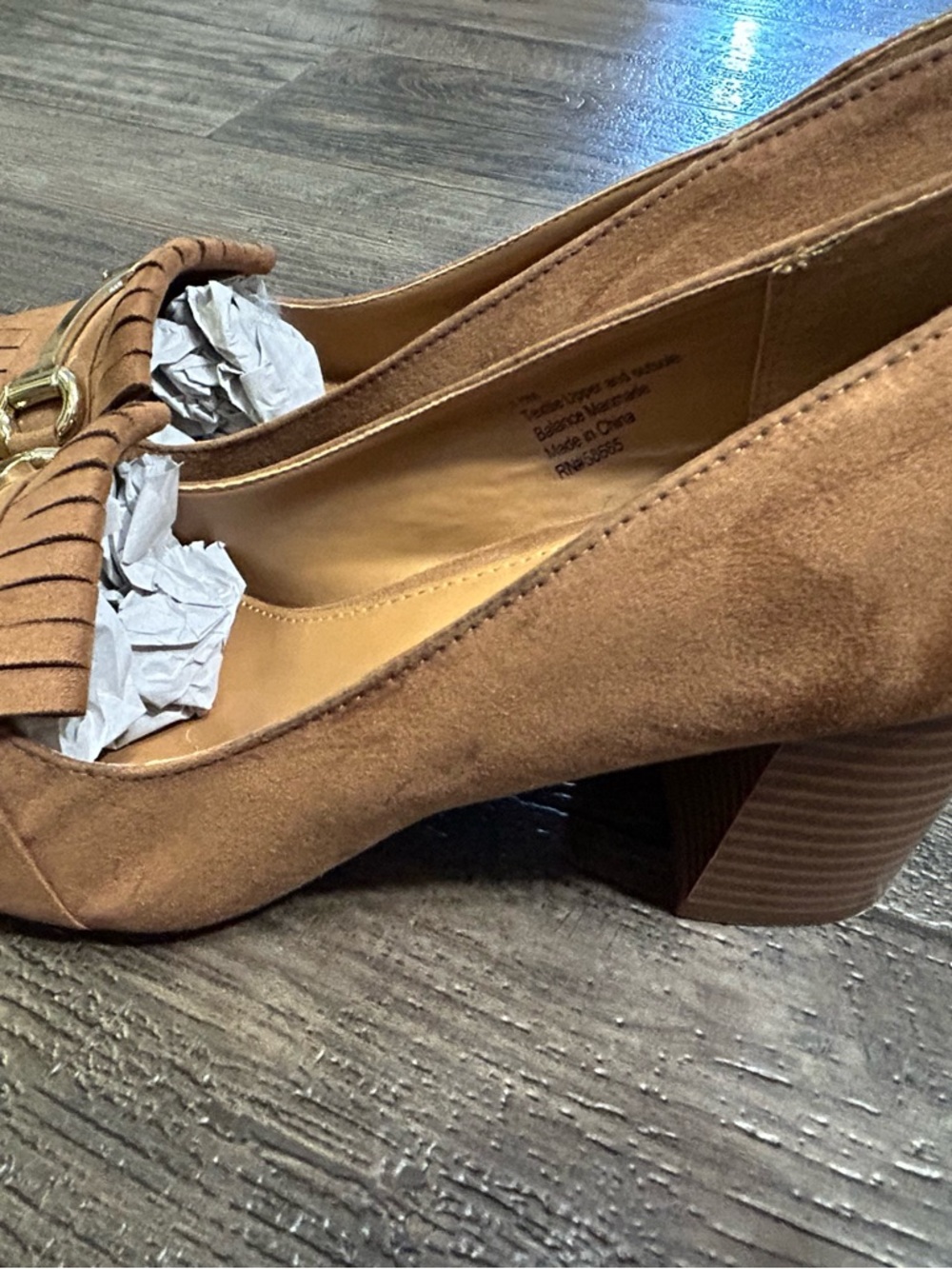 UNION BAY Brown Fringe Metallic Textile Pointed Toe Block Heel Pumps Women's